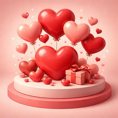 3D Rendered Valentine Hearts and Gift Box Display