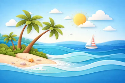 Paper Cutout Style Tropical Island Beach Scene