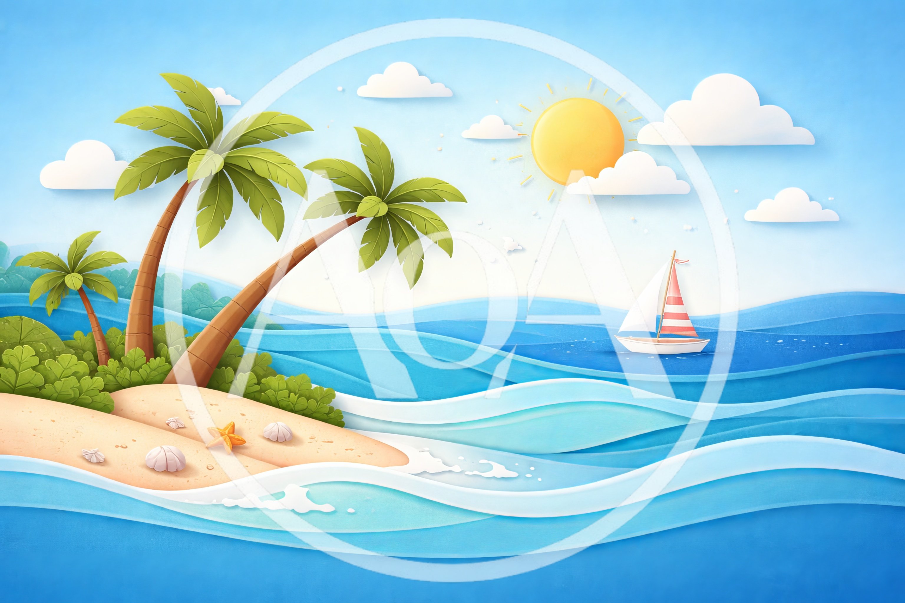 Paper Cutout Style Tropical Island Beach Scene