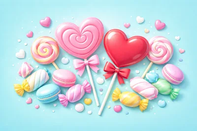 Assorted Sweet Candies and Macarons on Blue Background
