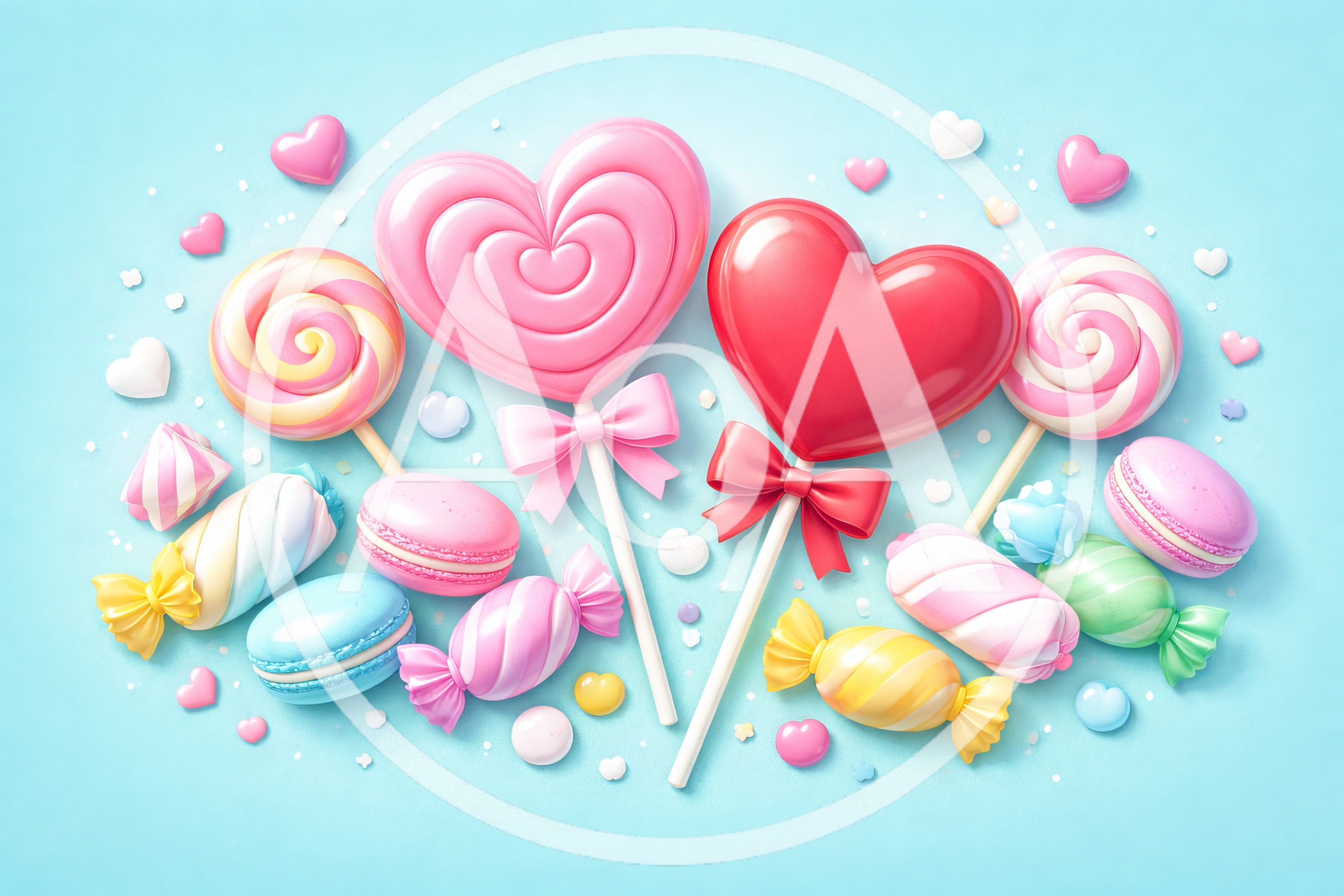 Assorted Sweet Candies and Macarons on Blue Background