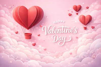 Paper Art Valentine Day Hot Air Balloon Background