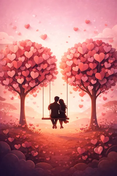 Romantic Couple Sitting On A Swing Between Heart Trees