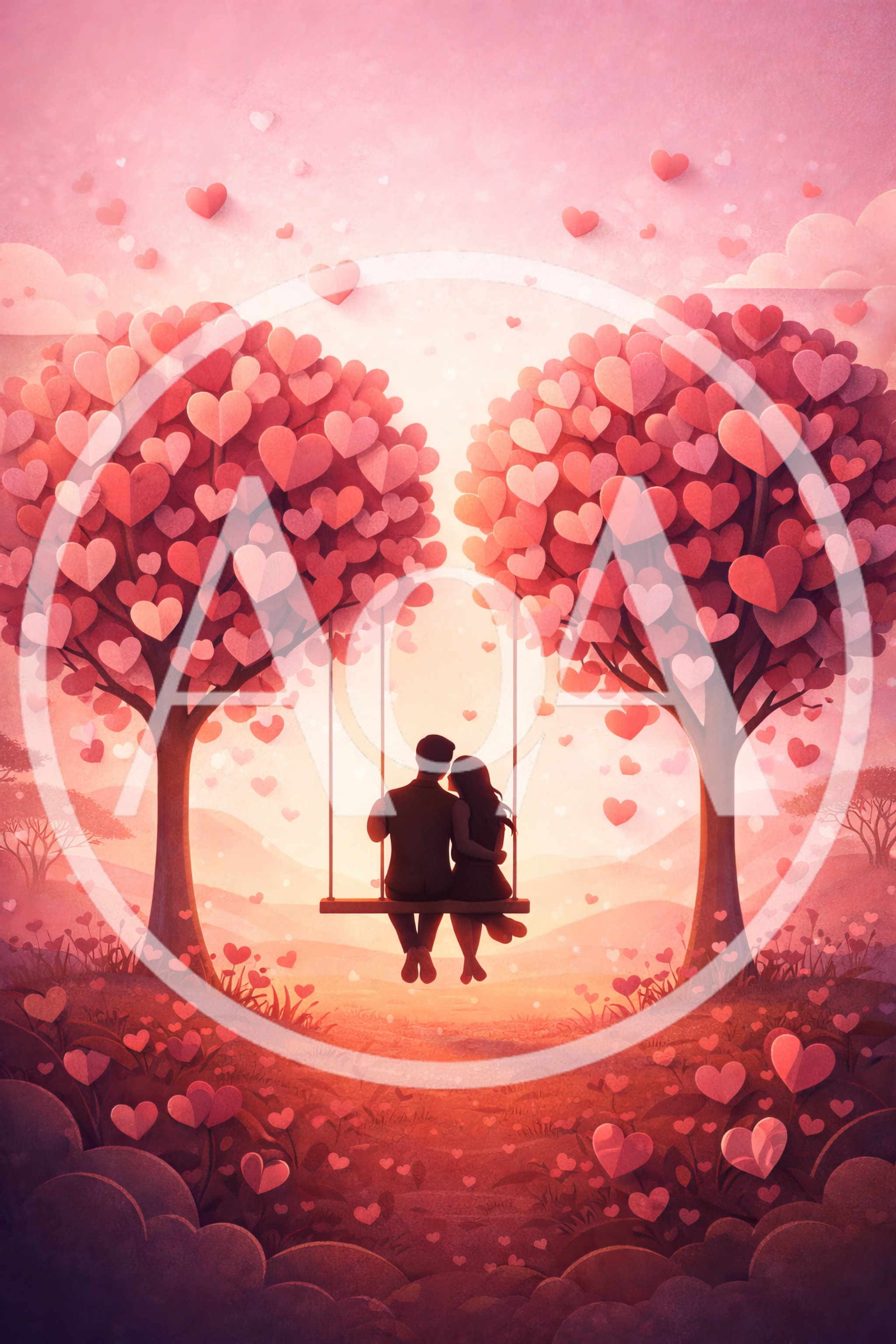 Romantic Couple Sitting On A Swing Between Heart Trees