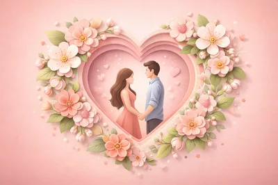 Romantic Couple Holding Hands Inside Floral Heart Frame