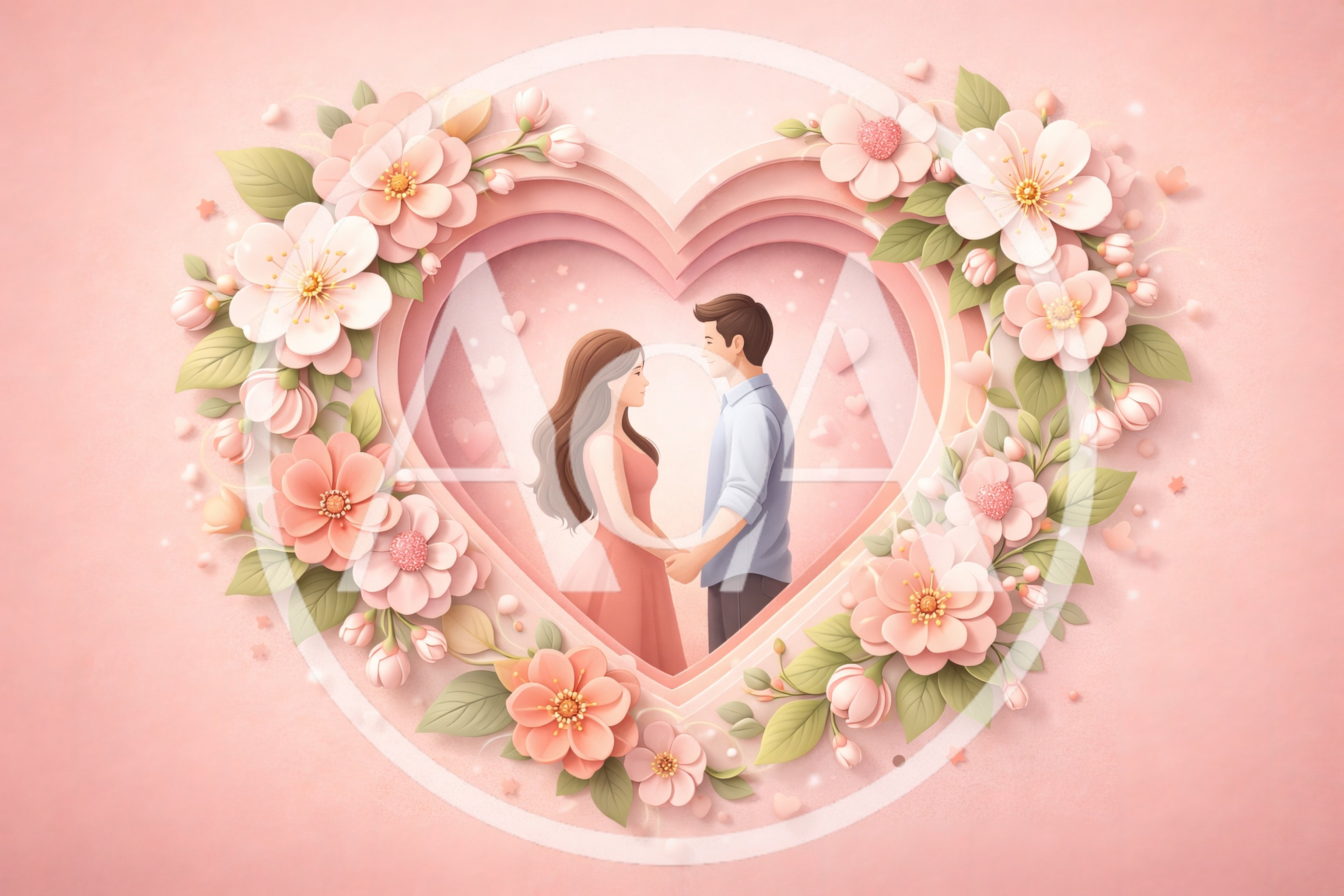 Romantic Couple Holding Hands Inside Floral Heart Frame