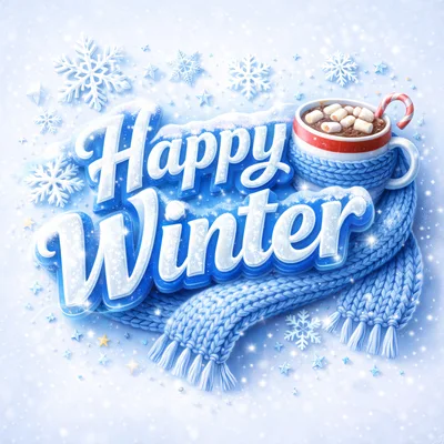 Happy Winter Text Design With Hot Cocoa And Scarf