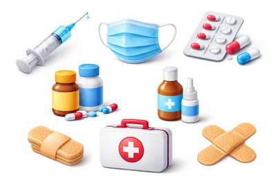 Medical Supplies and Healthcare Equipment Icons Set