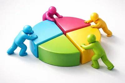 Four Colorful 3D Characters Assembling A Pie Chart