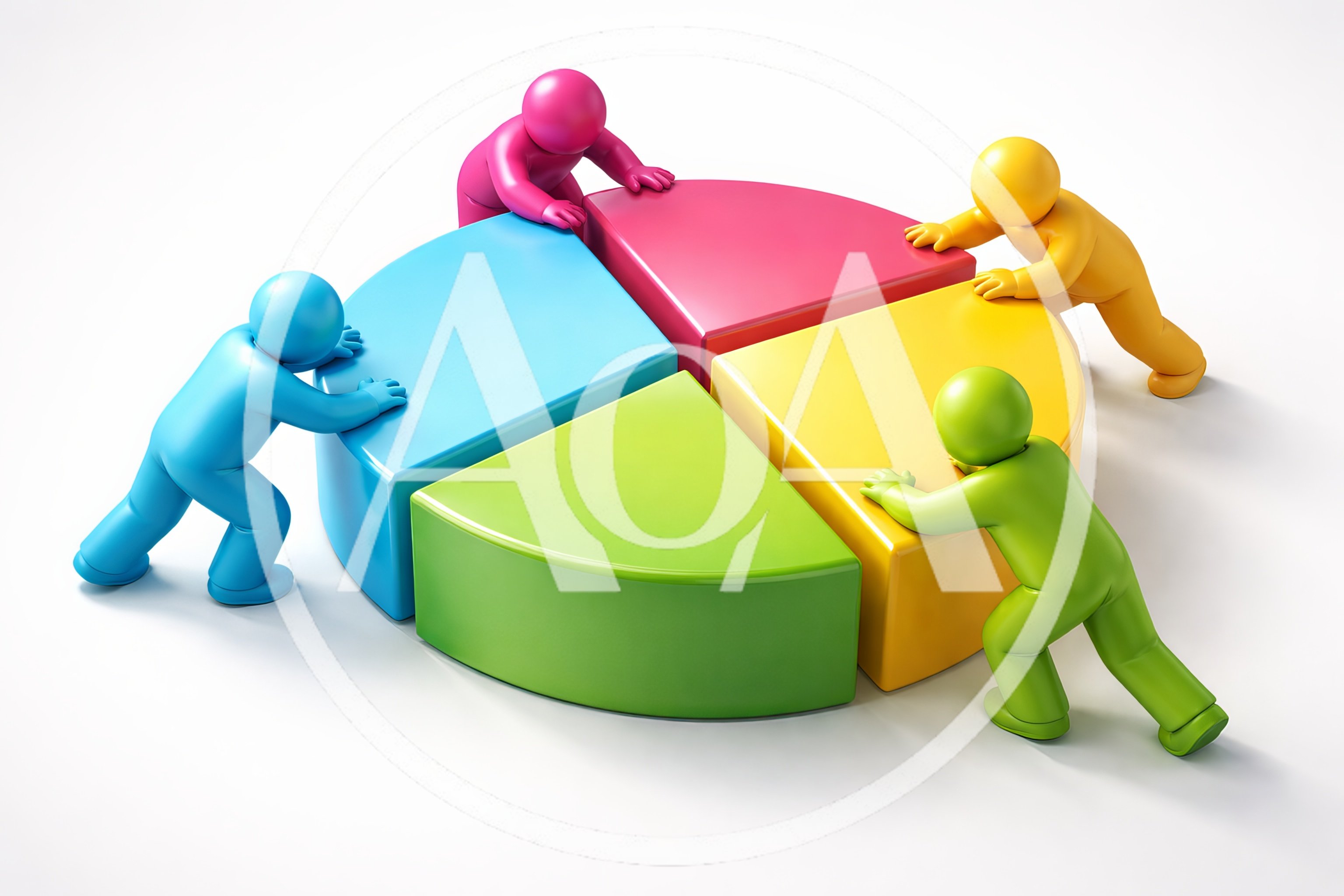 Four Colorful 3D Characters Assembling A Pie Chart