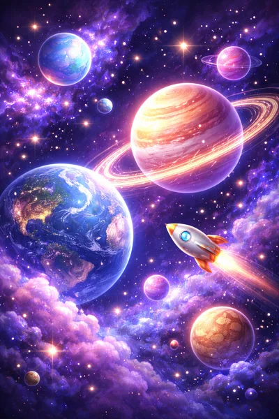 Rocket Ship Flying Through A Vibrant Cosmic Nebula
