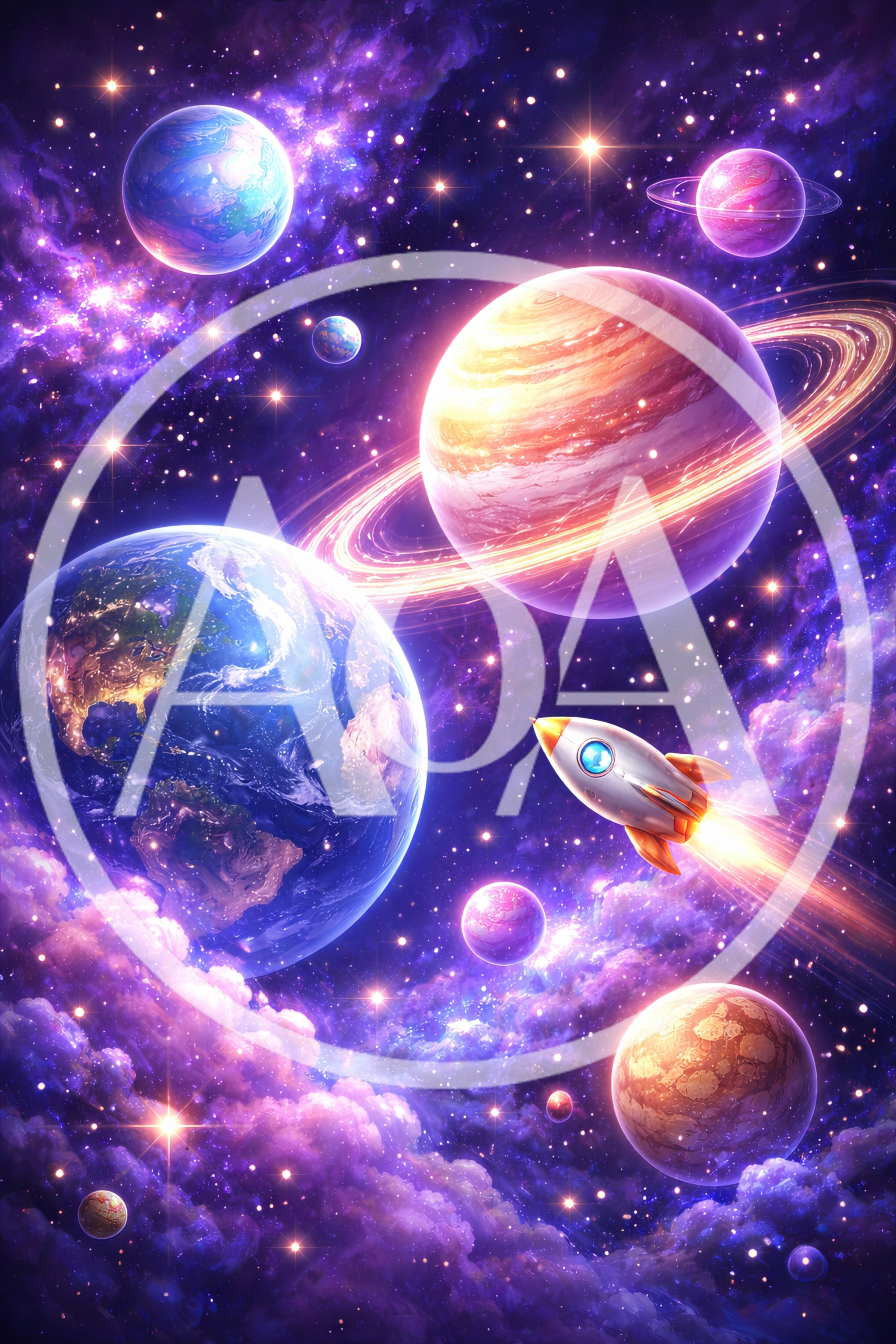 Rocket Ship Flying Through A Vibrant Cosmic Nebula
