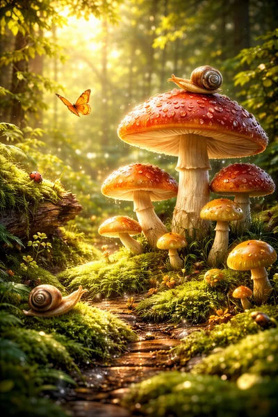 Enchanted Forest Scene With Mushrooms And Snails