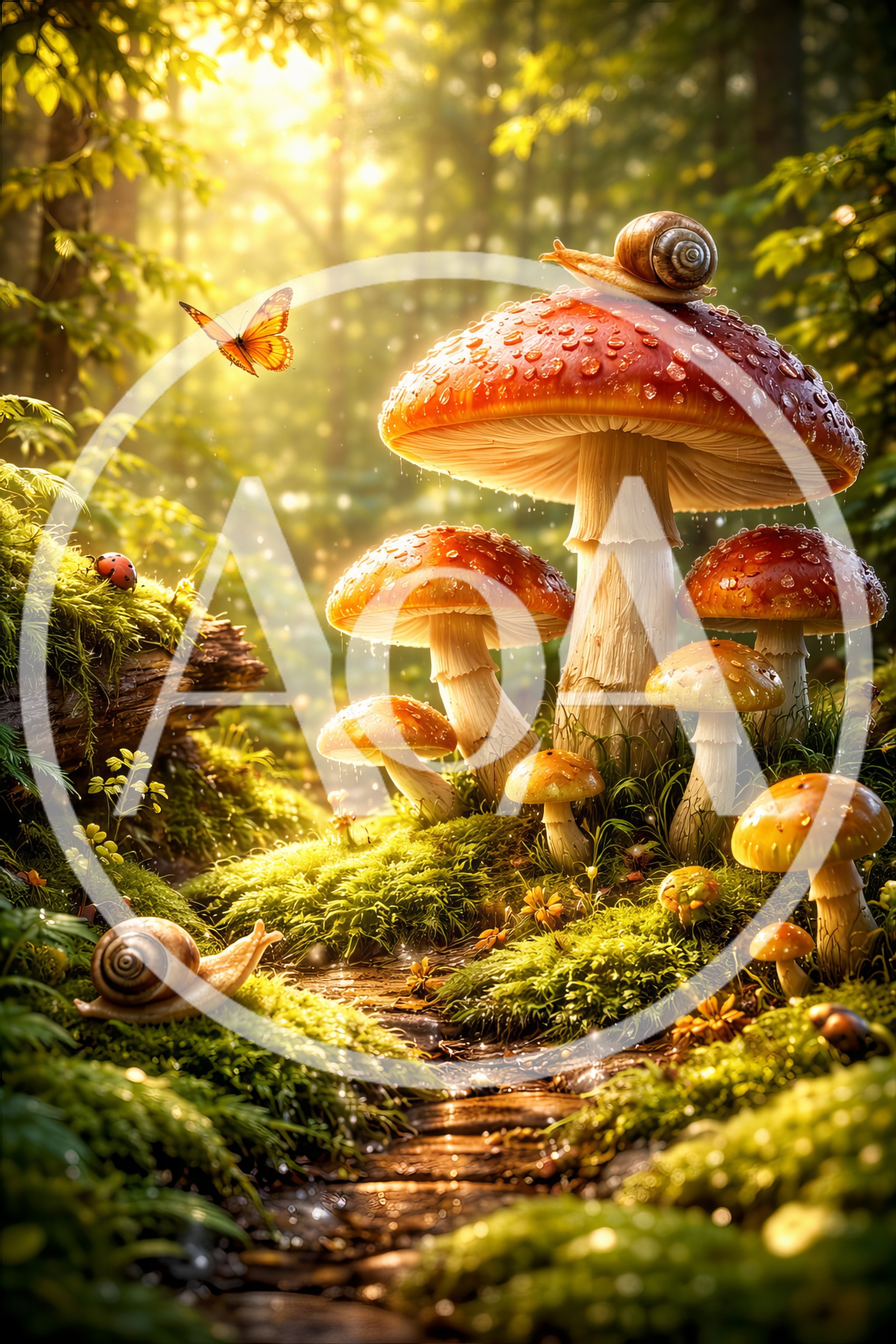 Enchanted Forest Scene With Mushrooms And Snails
