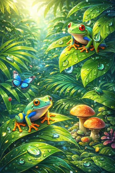 Red Eyed Tree Frogs in Lush Tropical Rainforest