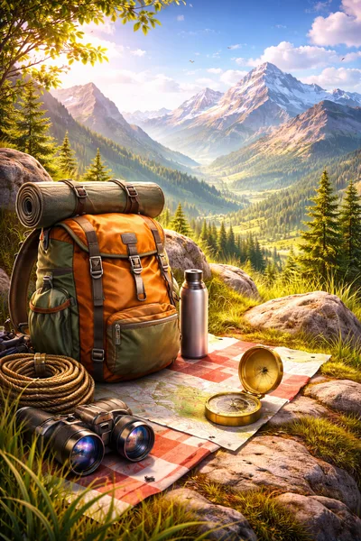 Hiking Gear And Map On Mountain Overlook
