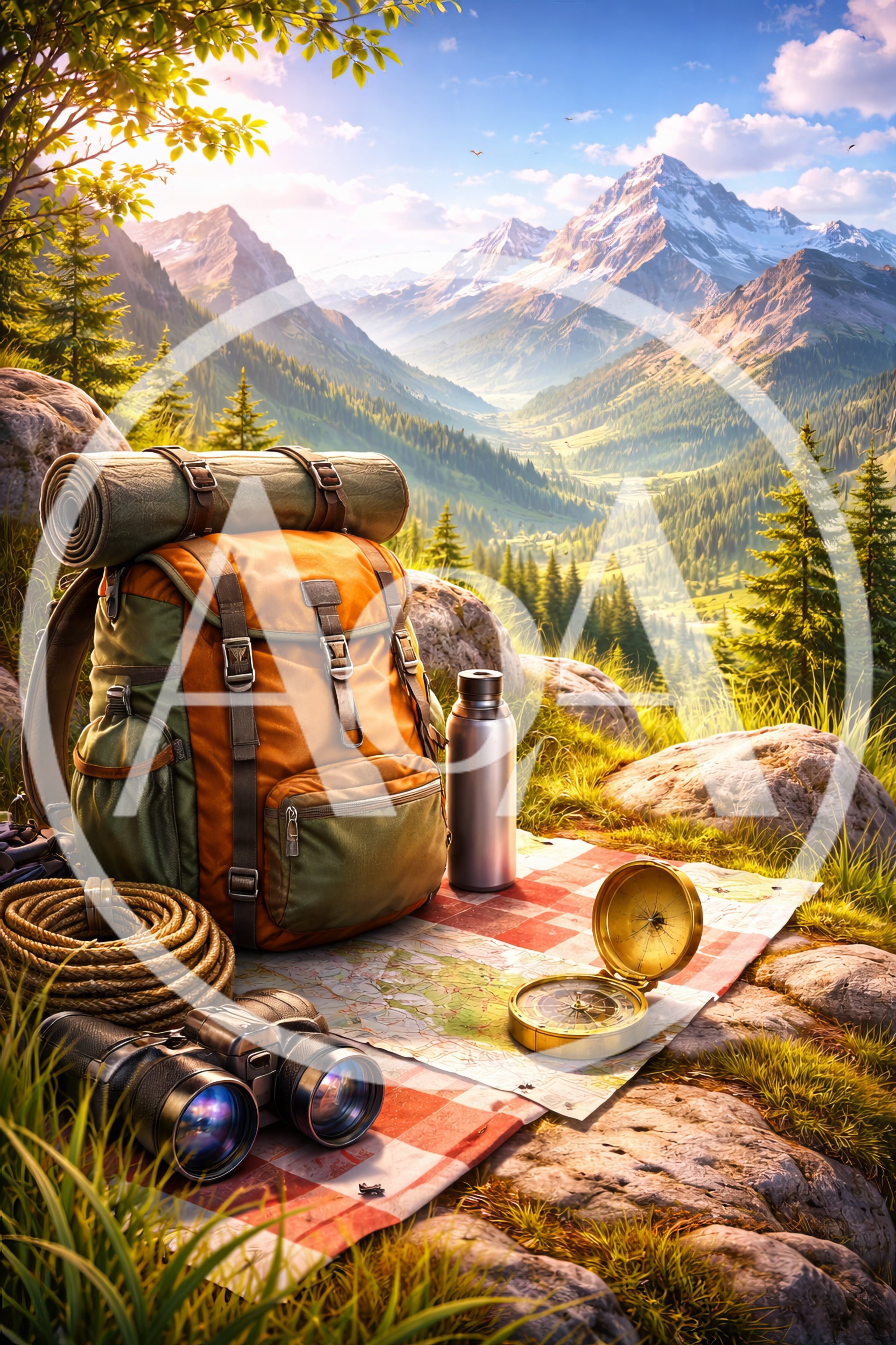 Hiking Gear And Map On Mountain Overlook