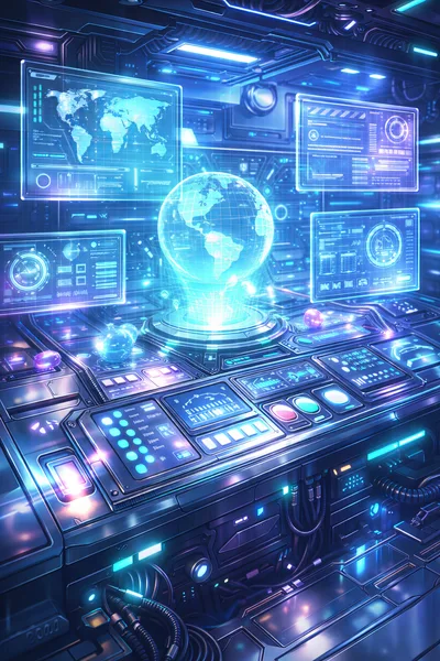 Futuristic Command Center With Holographic Earth Display