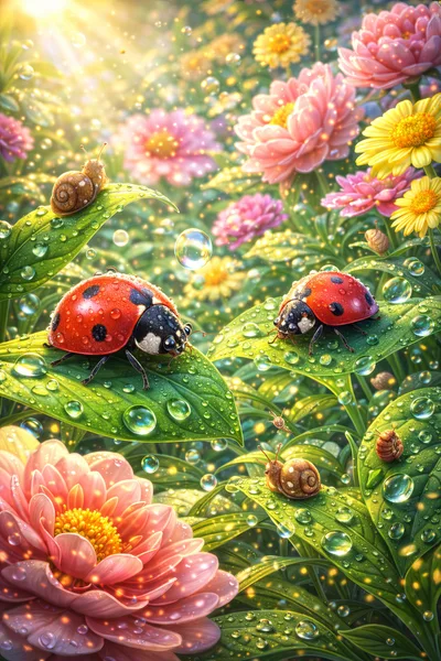 Ladybugs And Snails On Dewy Garden Leaves