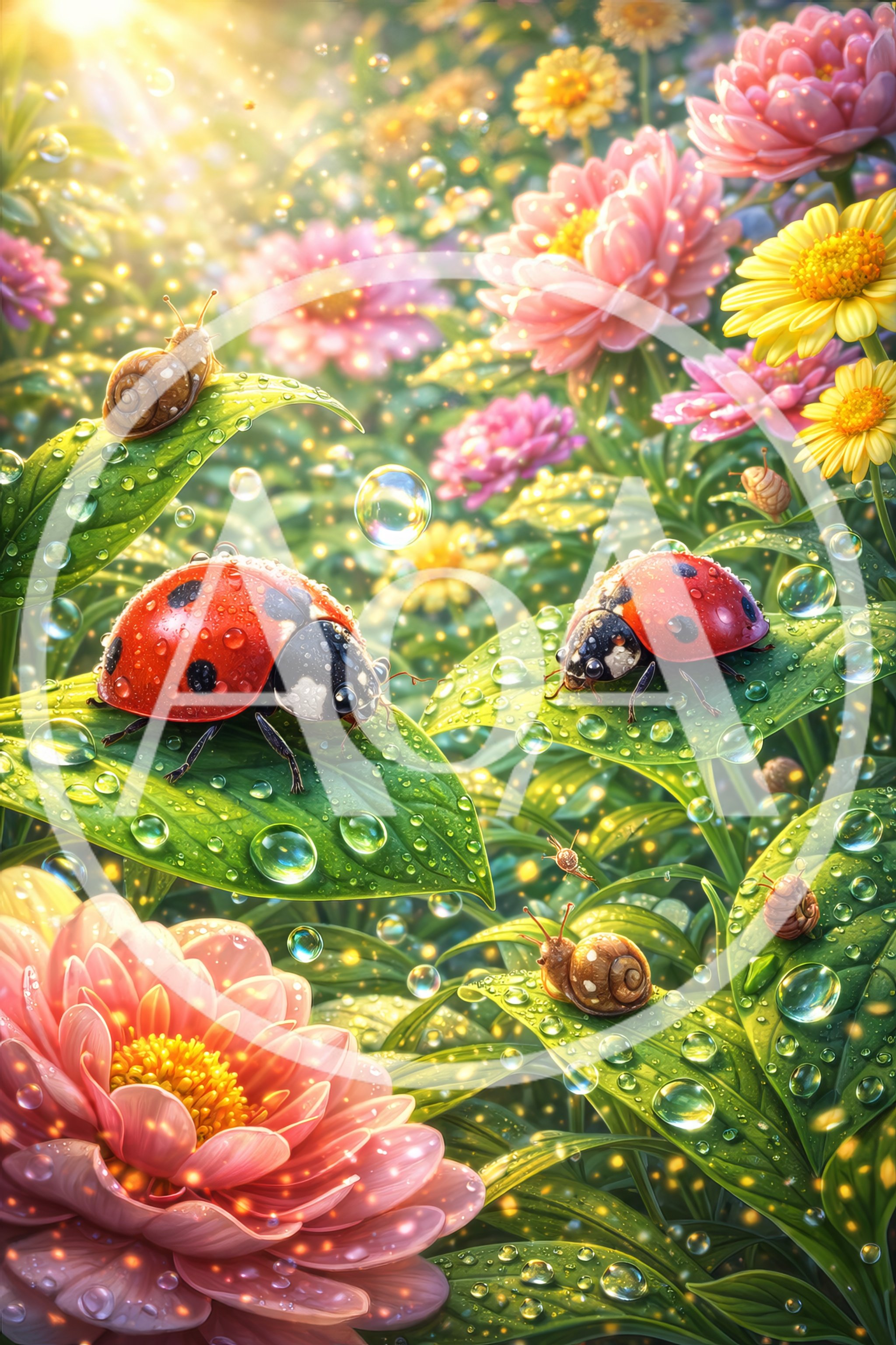 Ladybugs And Snails On Dewy Garden Leaves