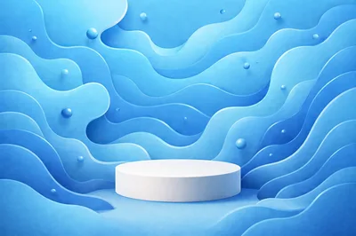 White Cylindrical Product Display Podium on Blue Wavy Background