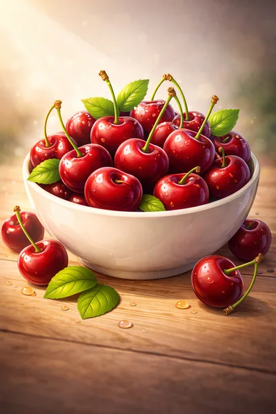 Fresh Red Cherries In A White Bowl
