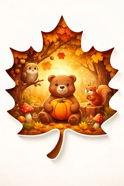 Cute Bear Holding Pumpkin In Autumn Forest Leaf Frame