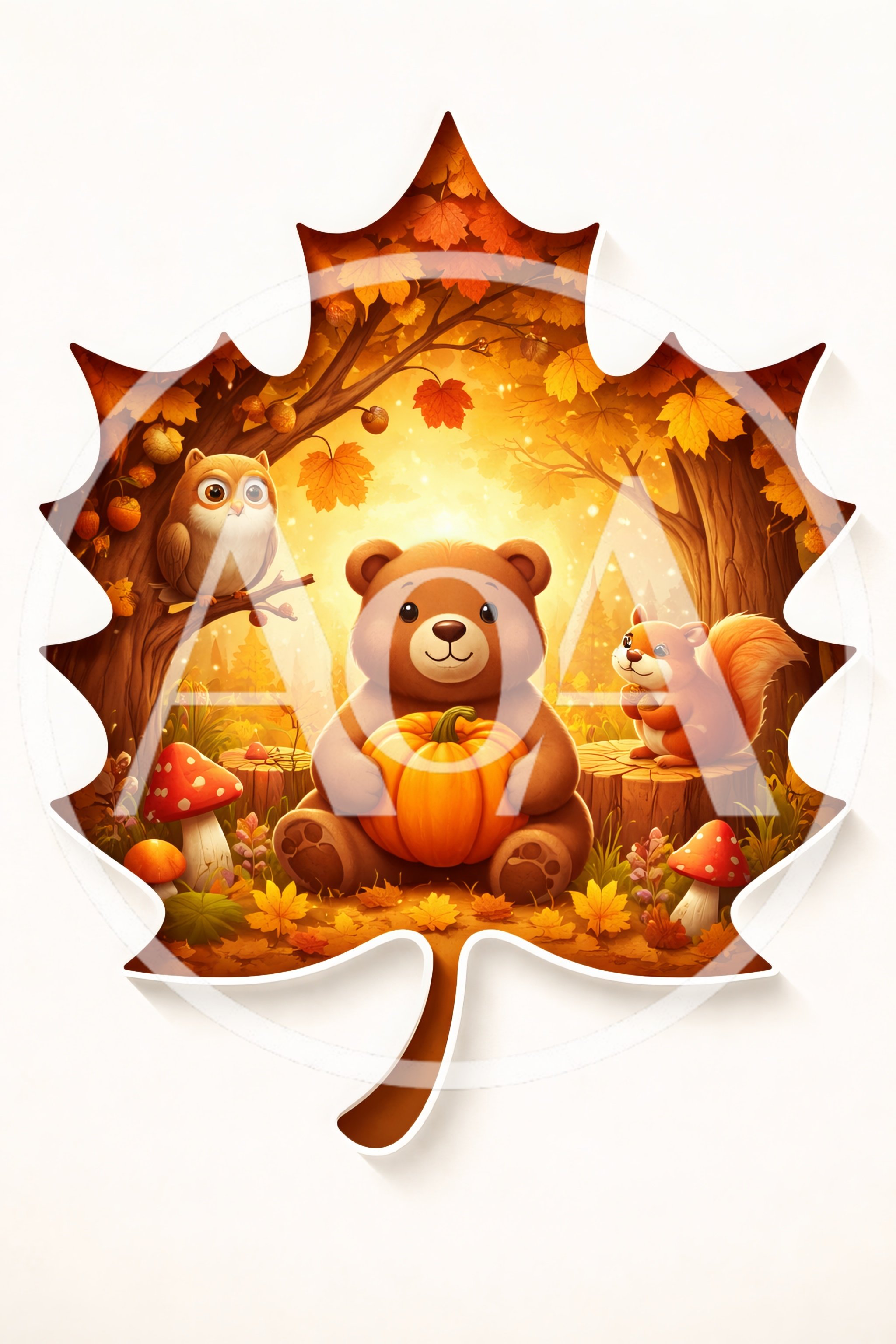 Cute Bear Holding Pumpkin In Autumn Forest Leaf Frame