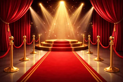 Red Carpet Stage With Golden Stanchions And Spotlights