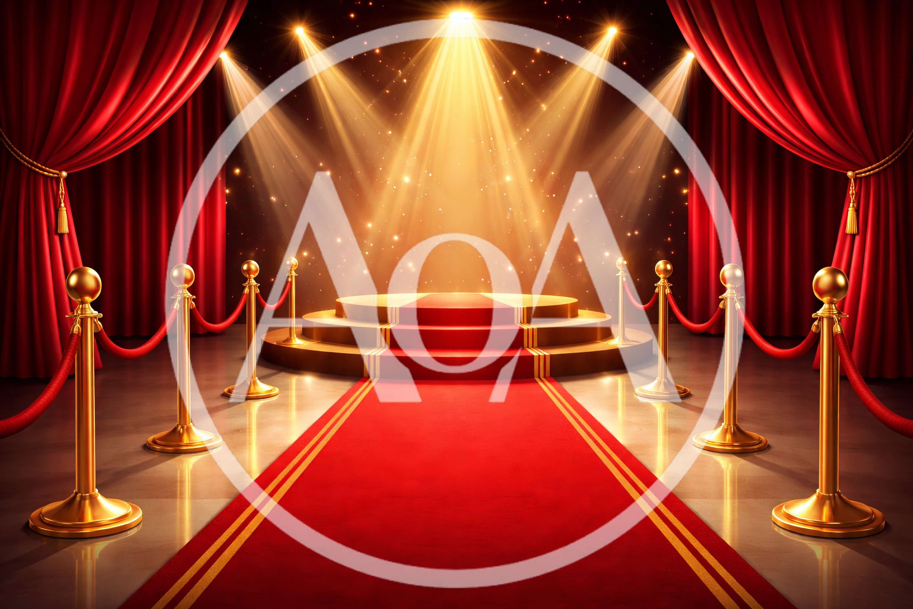 Red Carpet Stage With Golden Stanchions And Spotlights