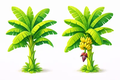 Two Stylized Banana Trees With Fruit And Blossom