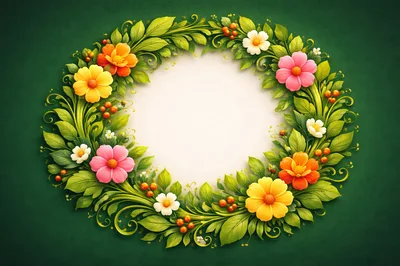 Floral Wreath Frame With Colorful Flowers And Berries