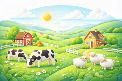 Cows and Sheep Grazing on a Sunny Farm