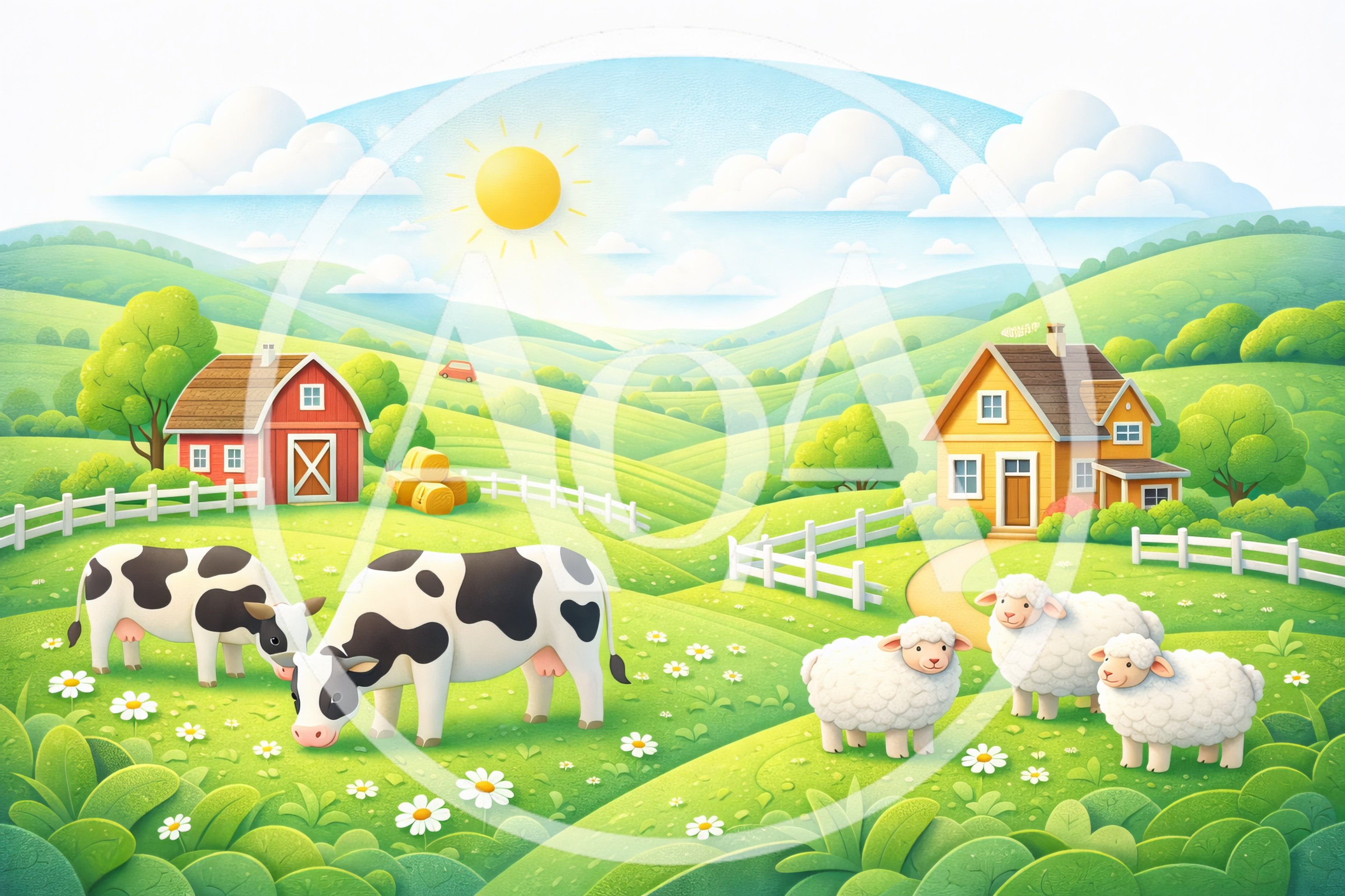 Cows and Sheep Grazing on a Sunny Farm