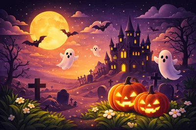 Spooky Halloween Landscape With Haunted Castle And Pumpkins
