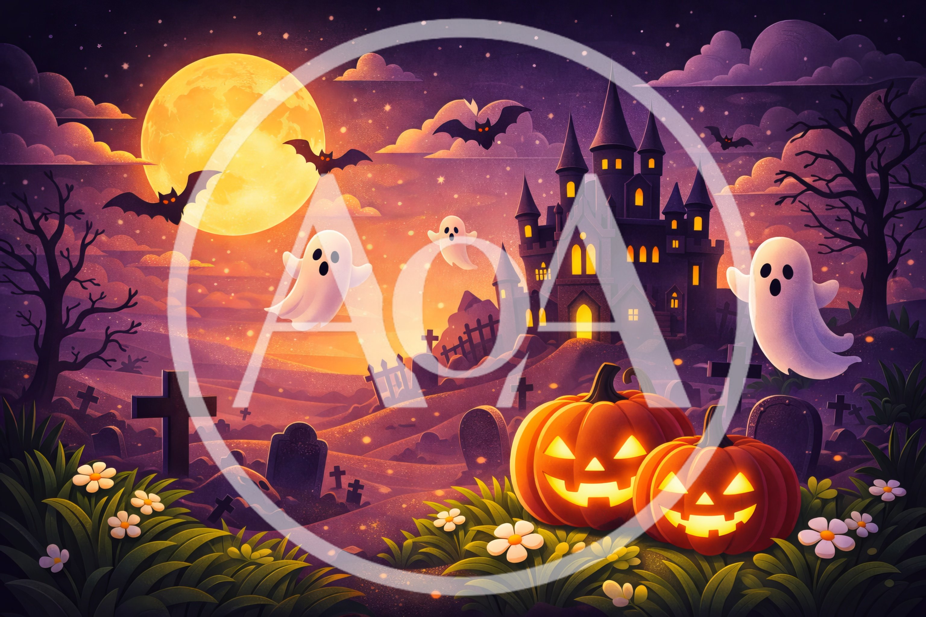 Spooky Halloween Landscape With Haunted Castle And Pumpkins