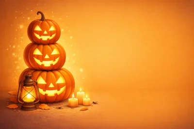 Stacked Jack O Lanterns With Lantern And Candles