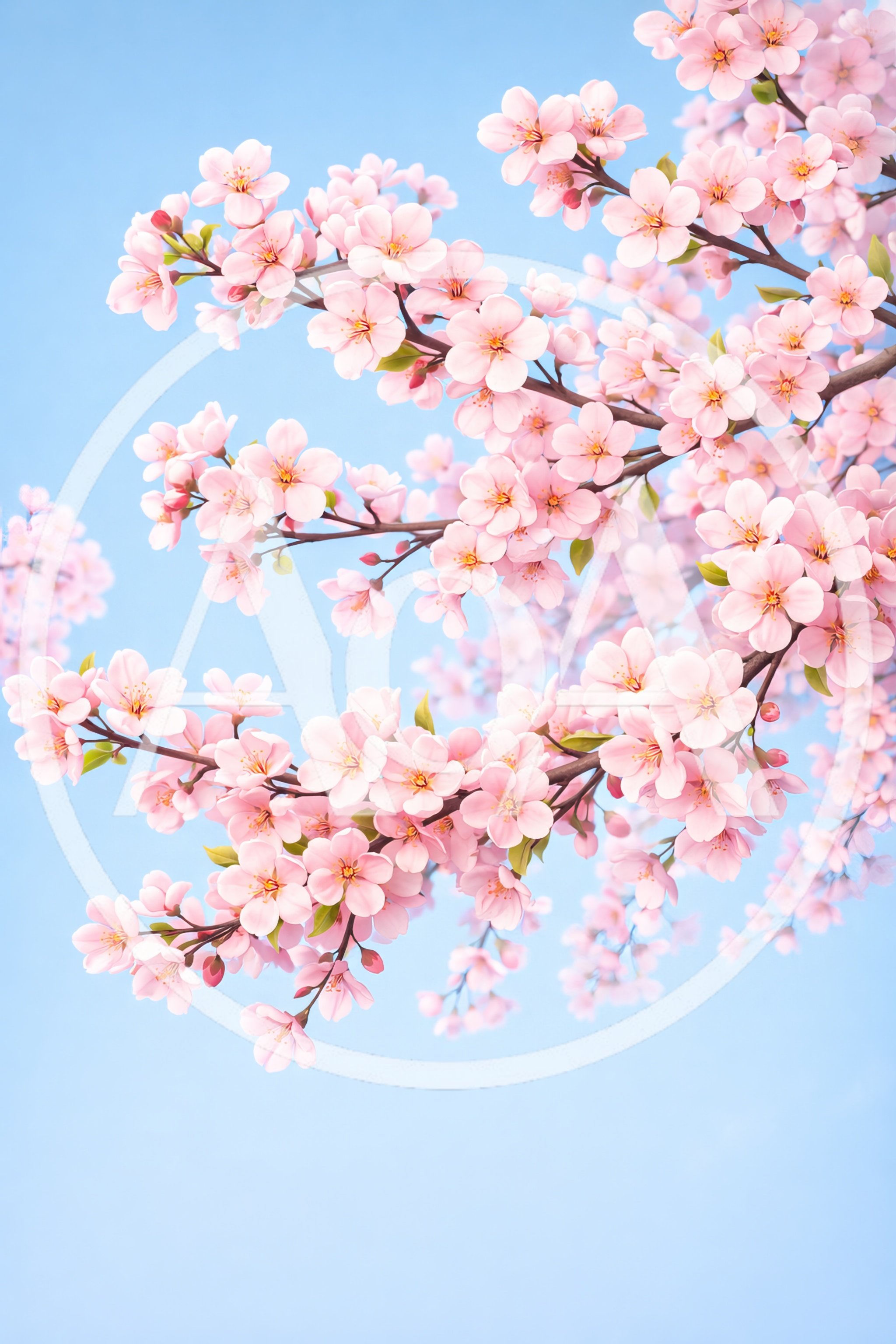 Blooming Cherry Blossom Branches Against Clear Blue Sky