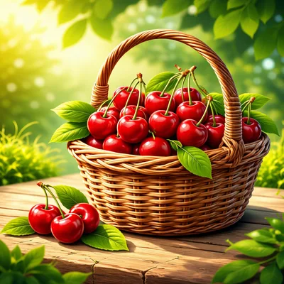 Fresh Red Cherries In A Woven Basket