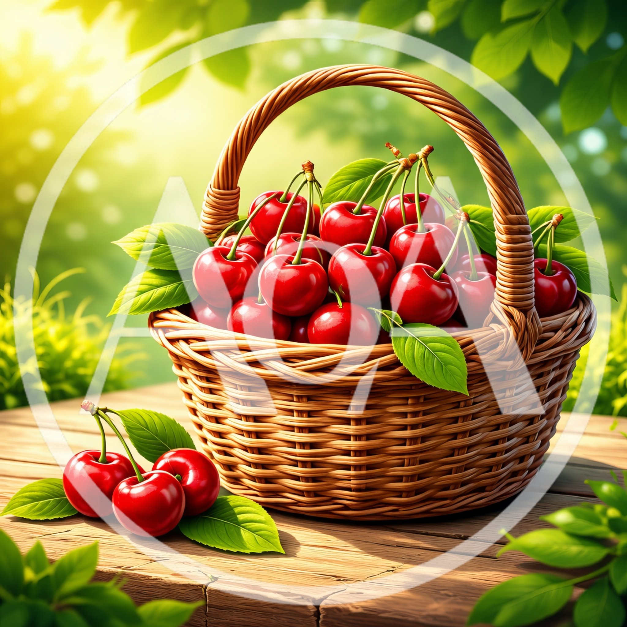 Fresh Red Cherries In A Woven Basket