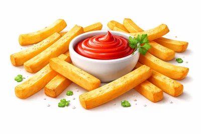 Golden French Fries With Ketchup In A White Bowl