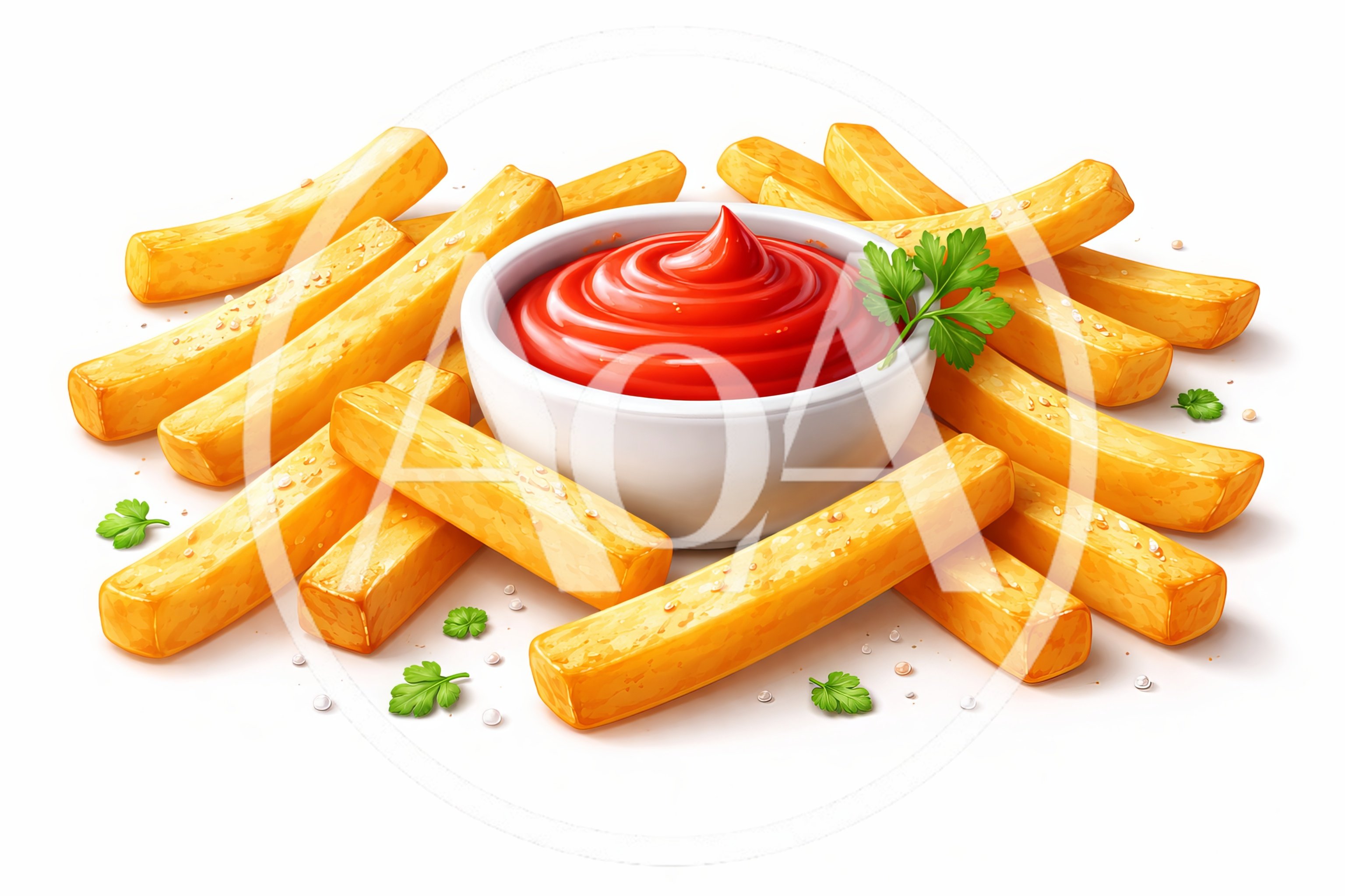 Golden French Fries With Ketchup In A White Bowl