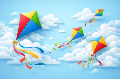 Colorful Paper Craft Kites Flying in Cloudy Sky