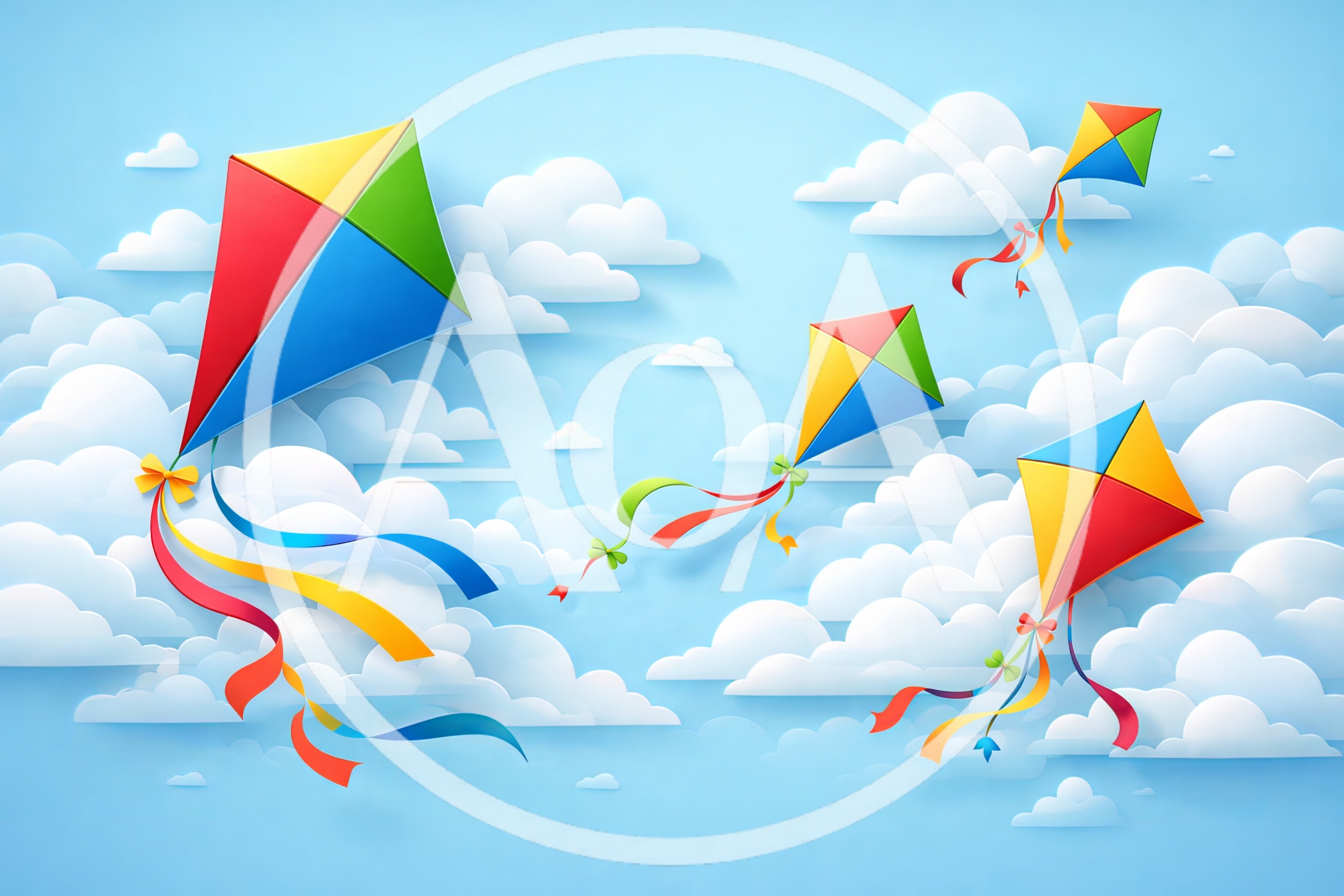 Colorful Paper Craft Kites Flying in Cloudy Sky