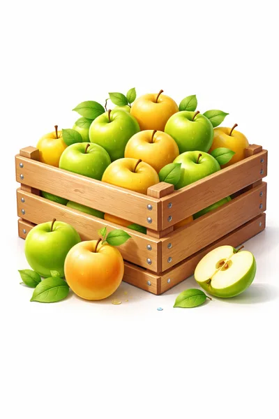 Fresh Green and Yellow Apples in Wooden Crate