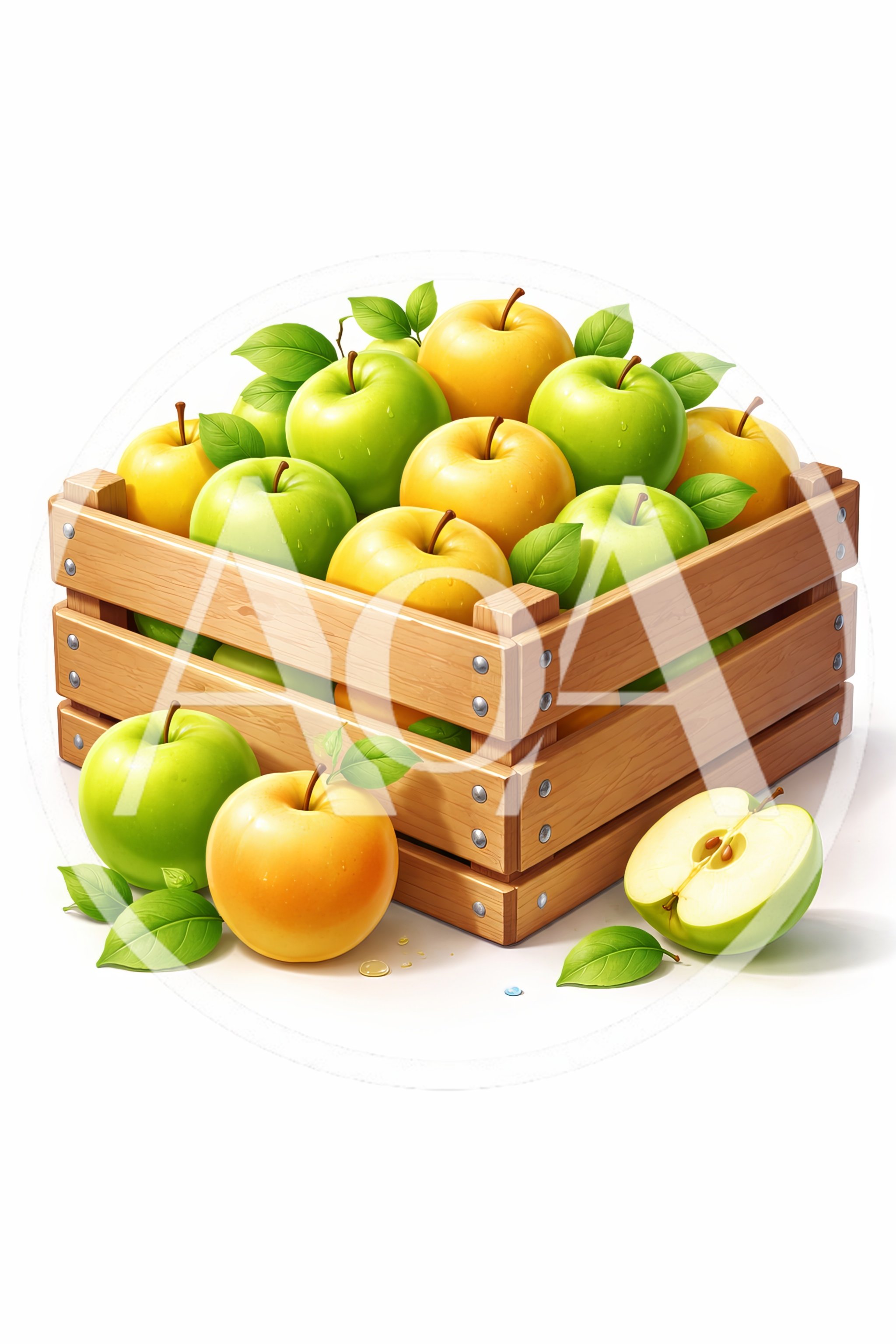 Fresh Green and Yellow Apples in Wooden Crate