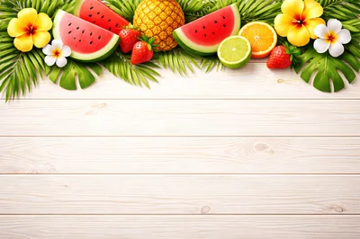 Tropical Fruit Border on White Wooden Background