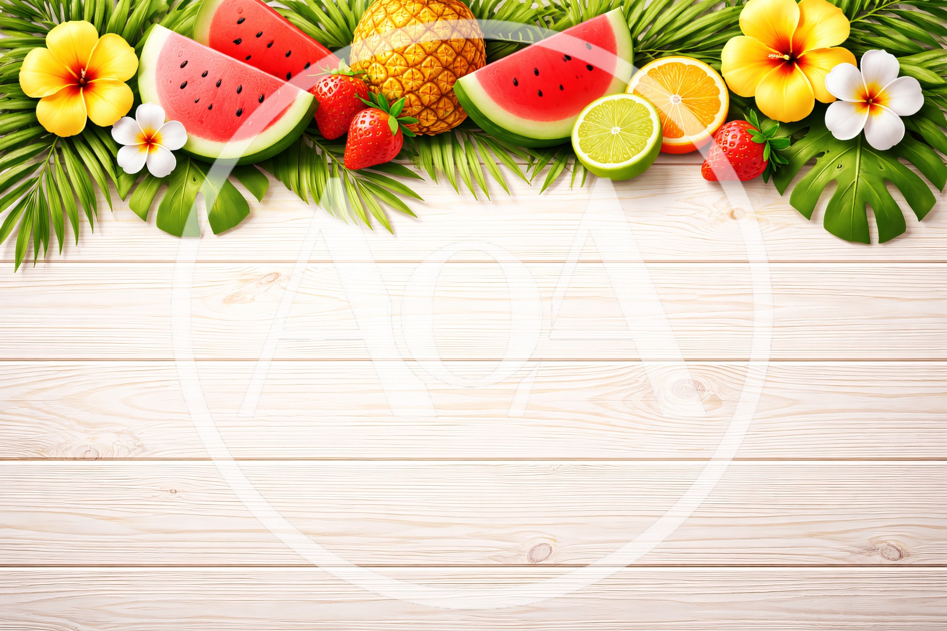 Tropical Fruit Border on White Wooden Background