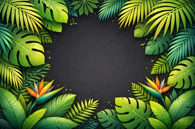 Tropical Jungle Leaves Frame on Dark Background