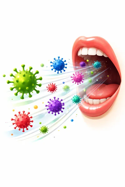 3D Illustration of Virus Particles Exhaled from Human Mouth
